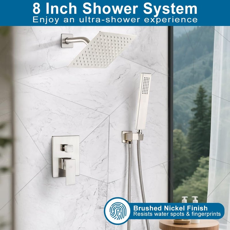 POP SANITARYWARE Shower System Brushed Nickel Bathroom Rainfall Shower Faucet Set Complete Wall Mounted 8 Inch Shower Head and Handle Set with Rough-in Valve Body and Trim Kit - Image 2
